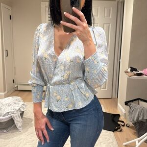 Zara (From Europe) Size XS blue floral blouse with glitter stripes